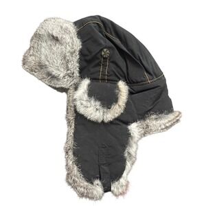 Mad Bomber Trapper Hat Black Nylon Natural Rabbit Fur Trim Aviator Winter Cap L